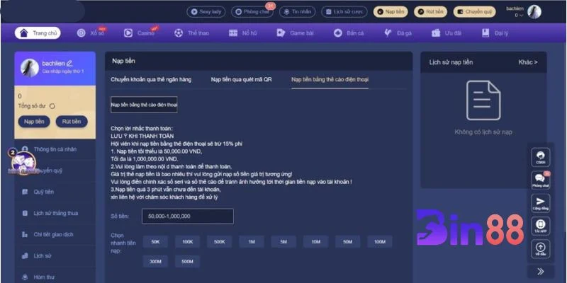 Nạp tiền BIN88 qua thẻ cào siêu nhanh và tiện cho người chơi.