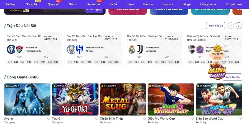 Ưu điểm của sảnh trò chơi thể thao BIN88.